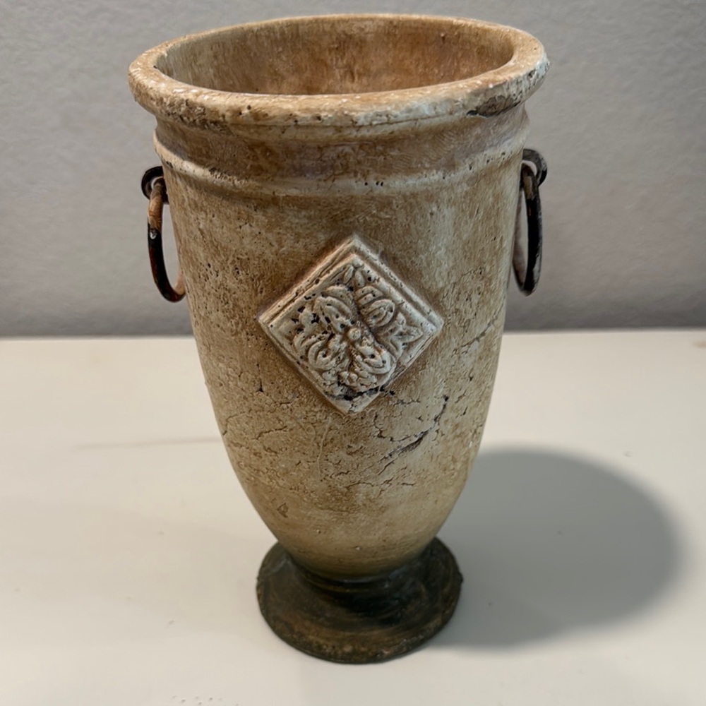 SMALL Urn Vase with Metal Ring Handles - Beige